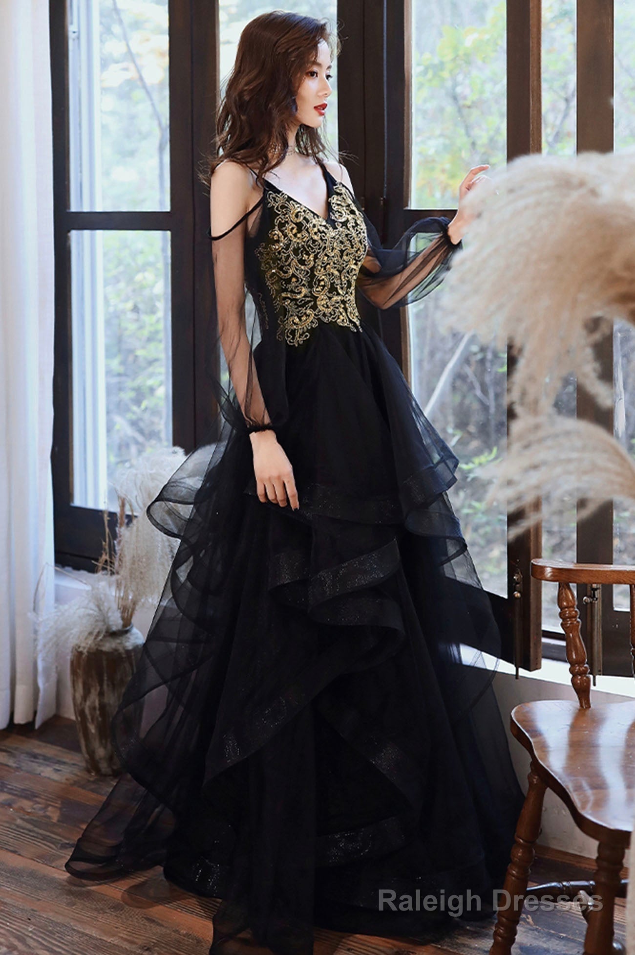 Black Spaghetti Strap Lace Long Prom Dress, Black Evening Graduation Dress Main image