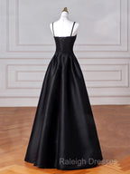Black Spaghetti Strap Satin Long Prom Dress, Black A-Line Evening Dress