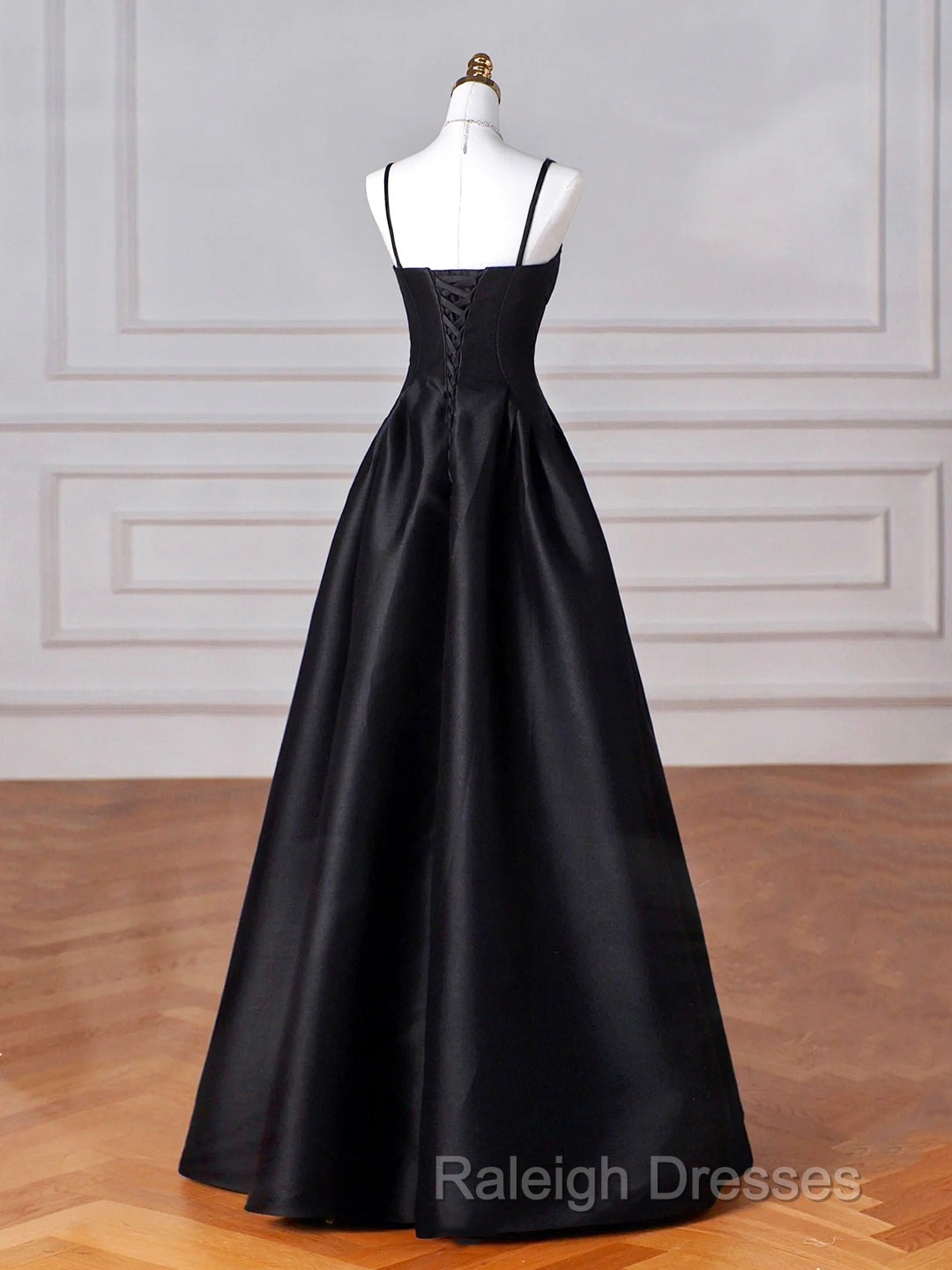 Black Spaghetti Strap Satin Long Prom Dress, Black A-Line Evening Dress