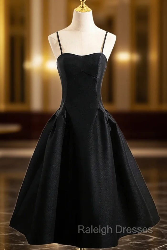 Black Spaghetti Strap Satin Prom Dress