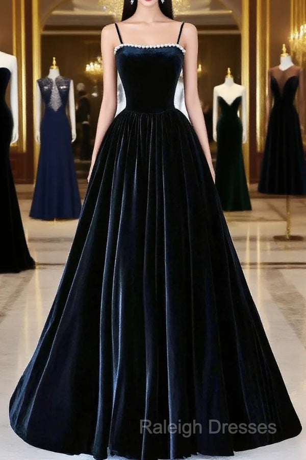 Black Spaghetti Strap Velvet Long Prom Dress With Pearls, A-Line Evening Dress Party Dress Main image