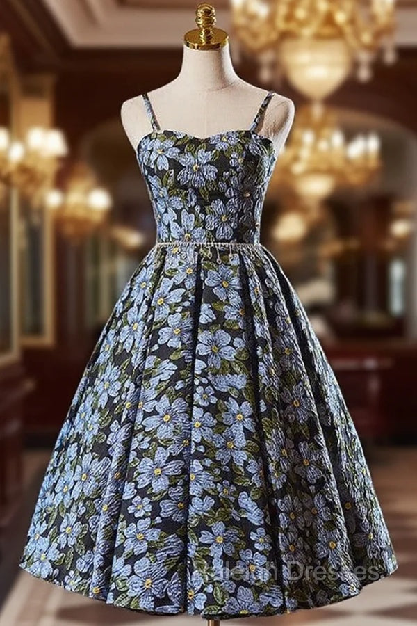 Black Spaghetti Straps Flower Print Homecoming Dress