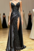 Black Spaghetti Straps Lace Appliques Prom Dress with Slit