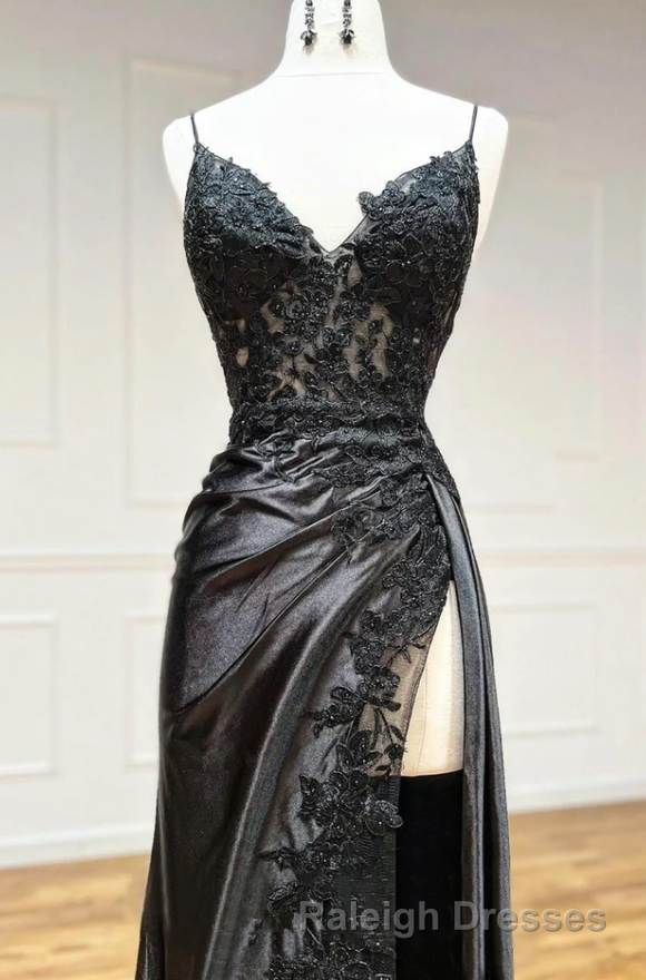 Black Spaghetti Straps Lace Appliques Prom Dress with Slit Secondary image