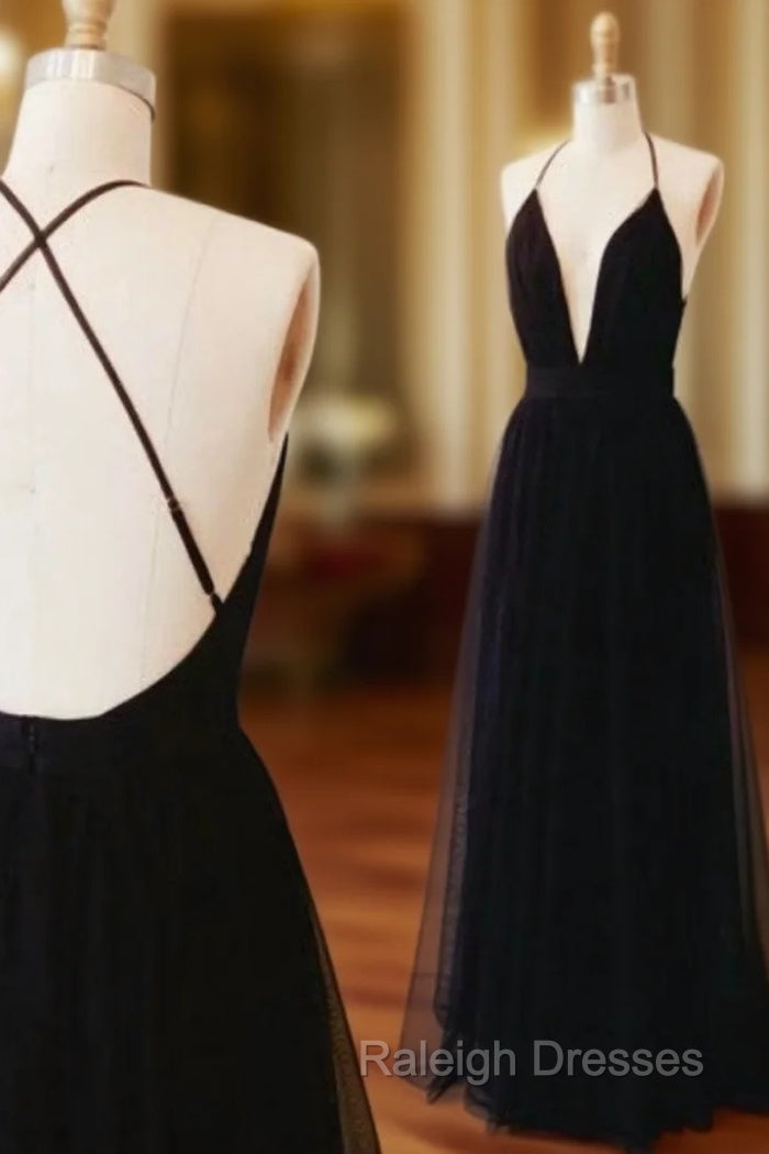 Black Spaghetti Straps Prom Dress Open Back Graduation Dresses