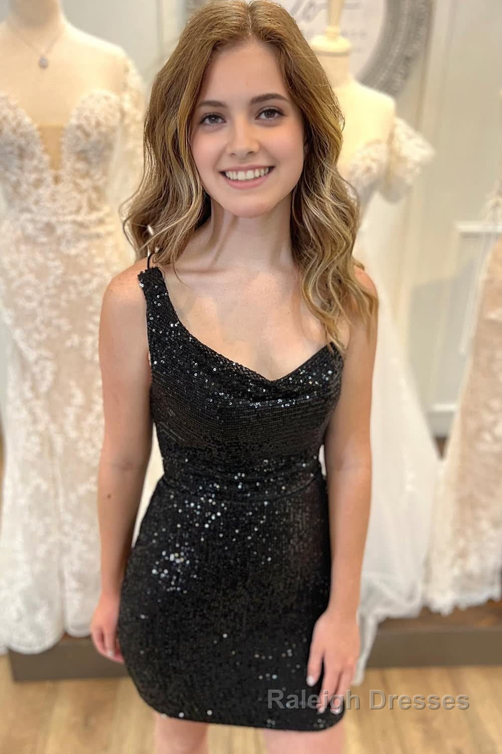 Black Spaghetti Straps Sequins Backless Tight Homecoming Dress Main image