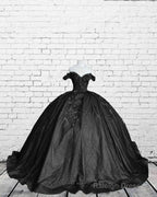 Black Sparkly Ball Gown Dress With 3D Flowers