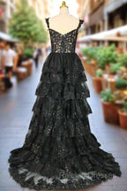 Black Sparkly Corset Prom Dress Off The Shoulder Tiered A Line Sweetheart Neck Tulle Lace Prom Dress