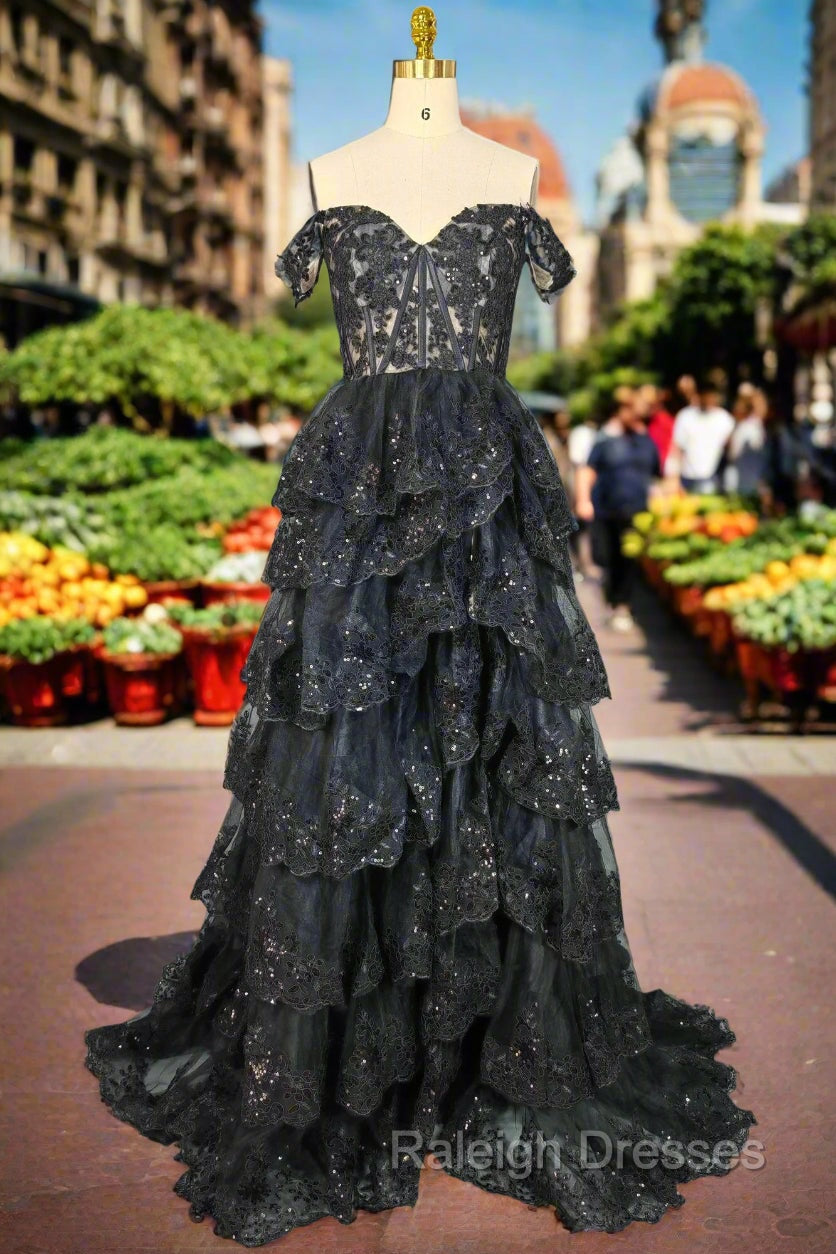Black Sparkly Corset Prom Dresses Off The Shoulder Tiered A-Line Sweetheart Neck Tulle Lace Evening Dresses Main image