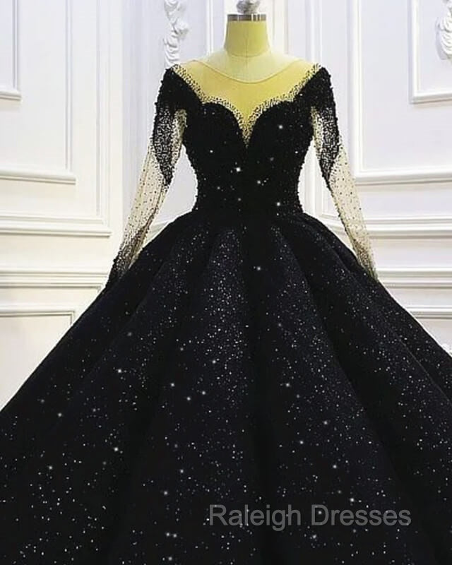 Black Sparkly Long Sleeve Wedding Ball Gown Dress