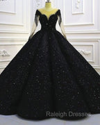 Black Sparkly Long Sleeve Wedding Ball Gown Dress