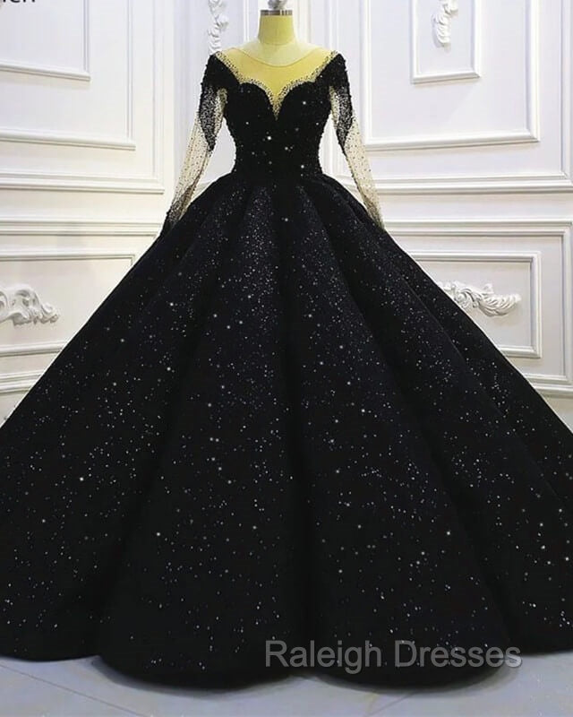 Black Sparkly Long Sleeve Wedding Ball Gown Dress