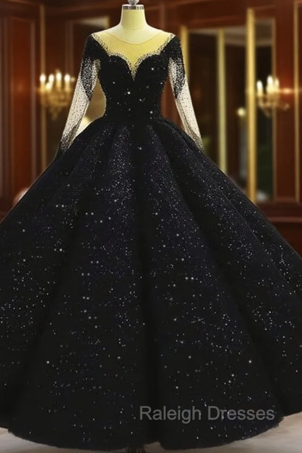 Black Sparkly Long Sleeve Wedding Ball Gown Dress Main image