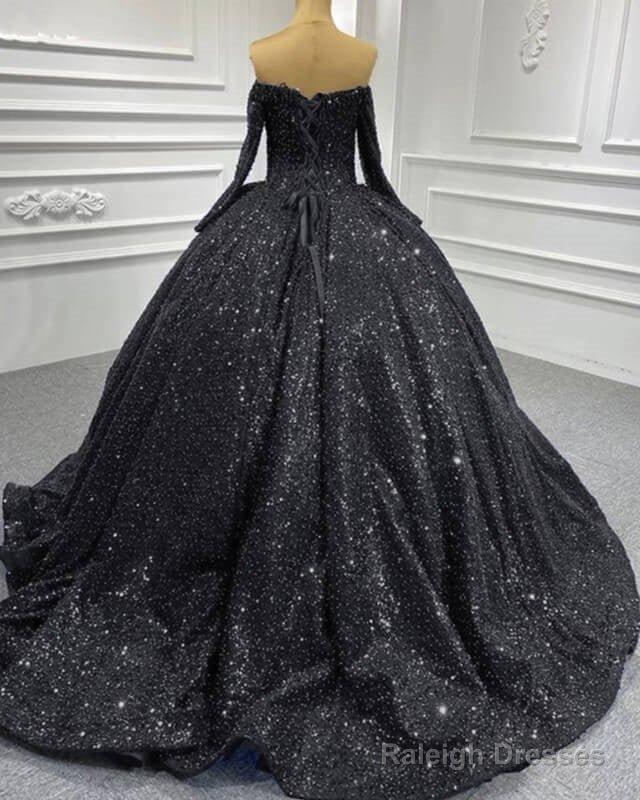 Black Sparkly Off Shoulder Long Sleeve Ball Gown Secondary image