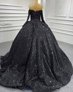 Black Sparkly Off Shoulder Long Sleeve Ball Gown