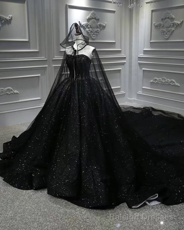 Black Sparkly Wedding Dress Ball Gown With Cape Veil Secondary image