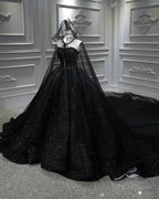 Black Sparkly Wedding Dresses Ball Gowns With Cape Veil