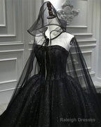 Black Sparkly Wedding Dress Ball Gown With Cape Veil
