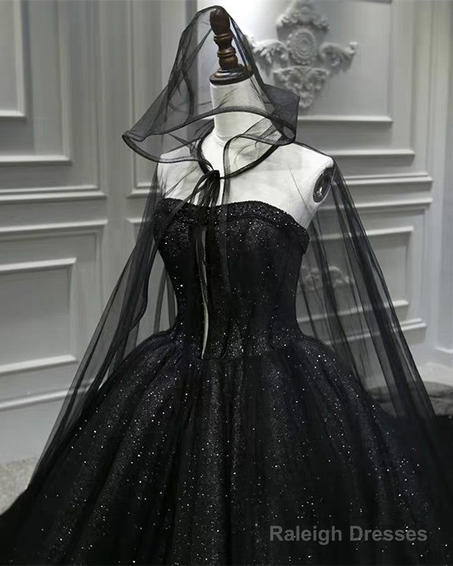 Black Sparkly Wedding Dresses Ball Gowns With Cape Veil
