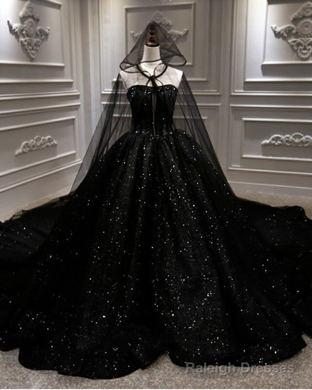 Black Sparkly Wedding Dresses Ball Gowns With Cape Veil