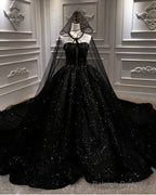 Black Sparkly Wedding Dress Ball Gown With Cape Veil