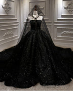 Black Sparkly Wedding Dresses Ball Gowns With Cape Veil