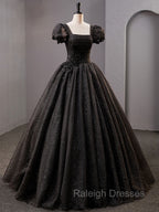 Black Square Neckline Tulle Long Prom Dresses, Shiny Tulle Black Prom Dress
