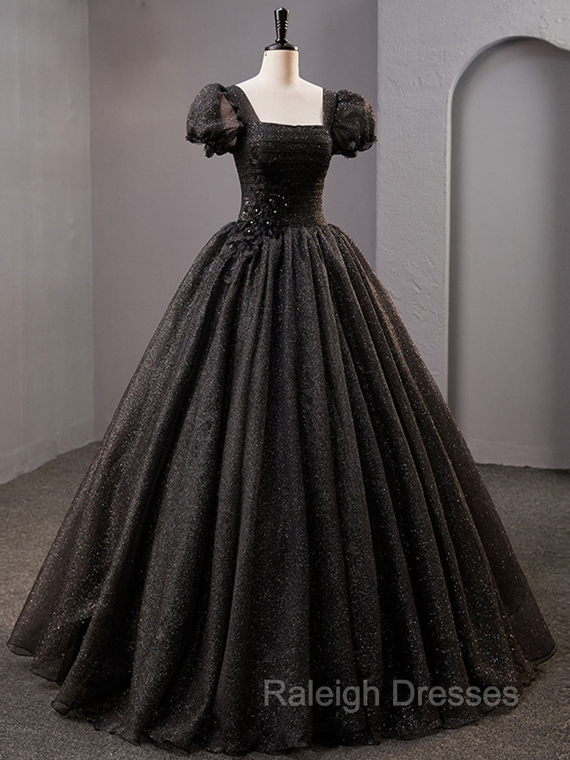 Black Square Neckline Tulle Long Prom Dresses, Shiny Tulle Black Prom Dress