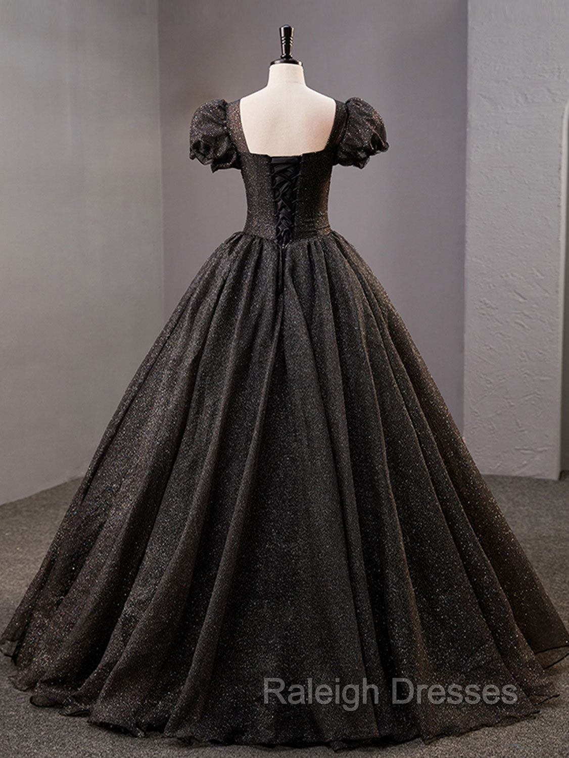 Black Square Neckline Tulle Long Prom Dresses, Shiny Tulle Black Evening Dress