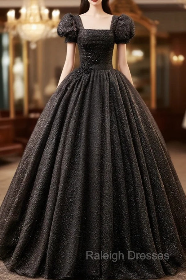 Black Square Neckline Tulle Long Prom Dresses, Shiny Tulle Black Evening Dress
