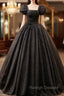 Black Square Neckline Tulle Long Prom Dresses, Shiny Tulle Black Evening Dress