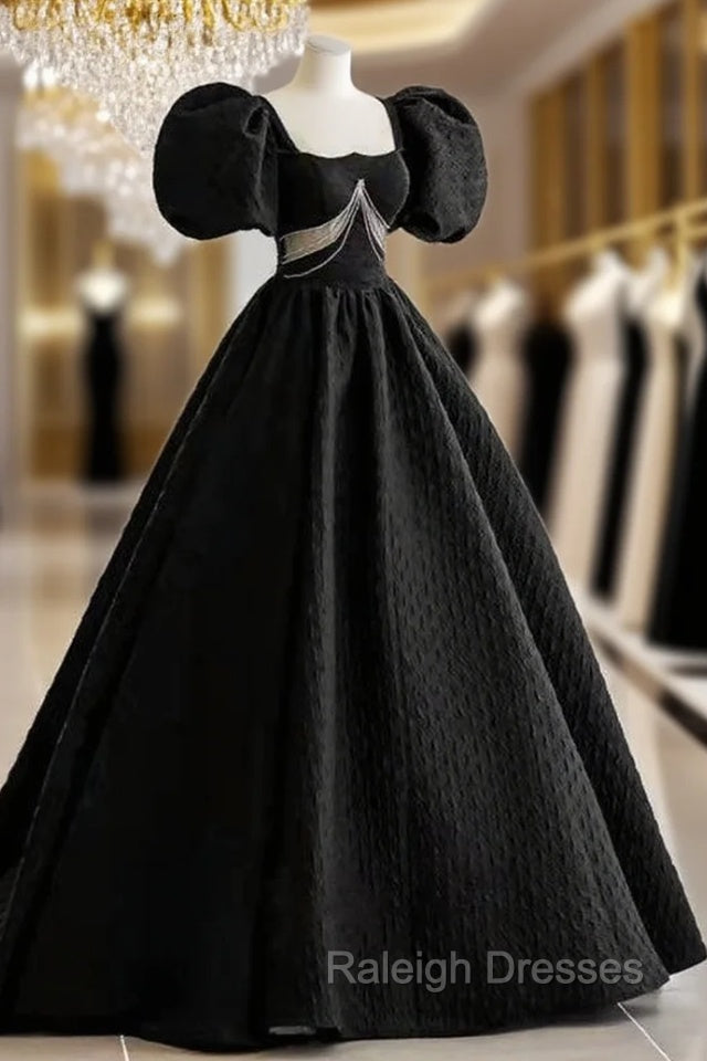 Black Square Puff Sleeve Backless Prom Dress Main image