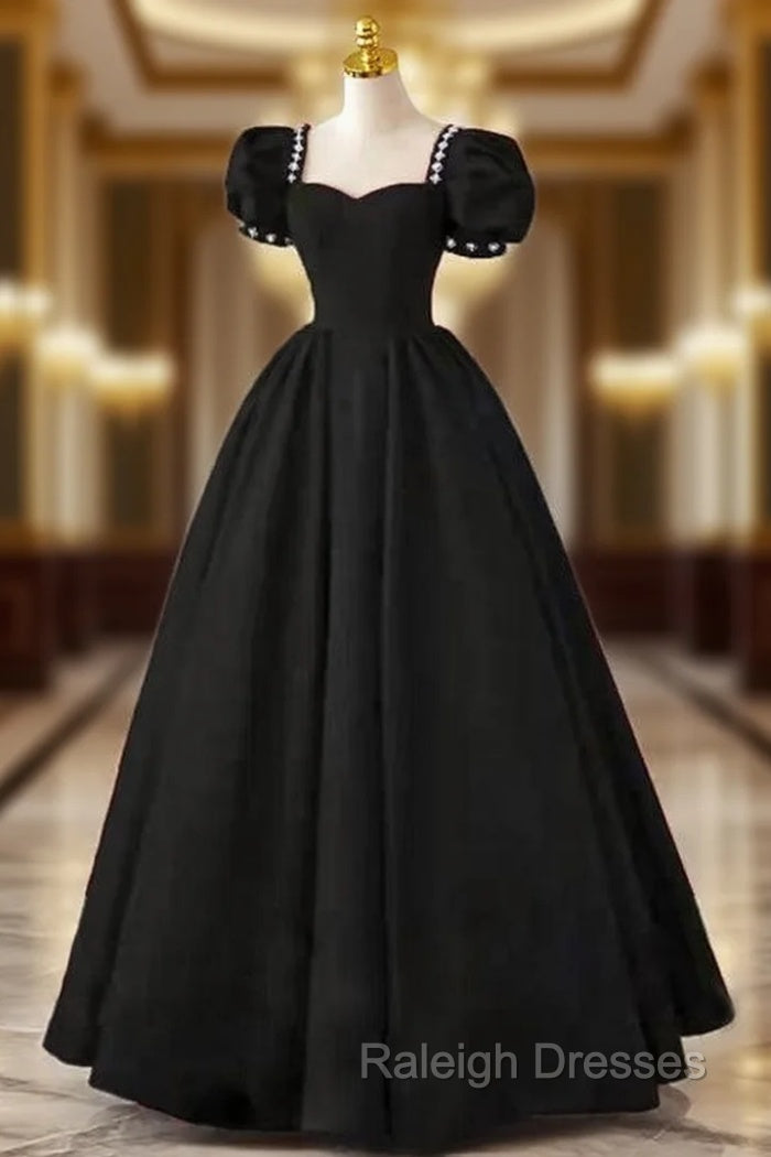 Black Square Puff Sleeve Crystal Prom Dres