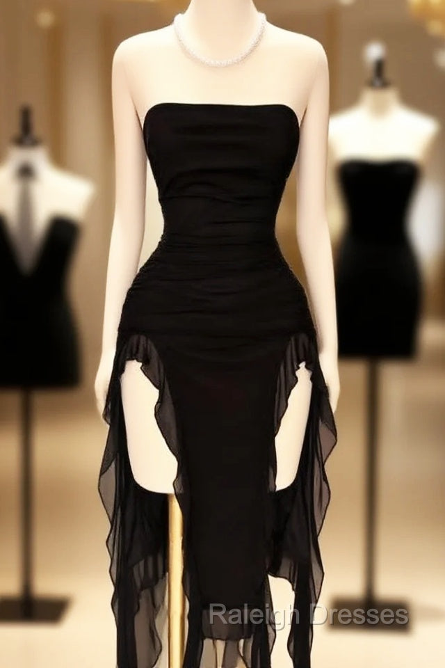 Black Strapless Midi Length Ruffle Prom Dress Sexy Evening Dress