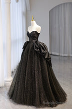 Black Strapless Satin And Tulle Long Prom Dress, Beautiful A-Line Evening Party Dress