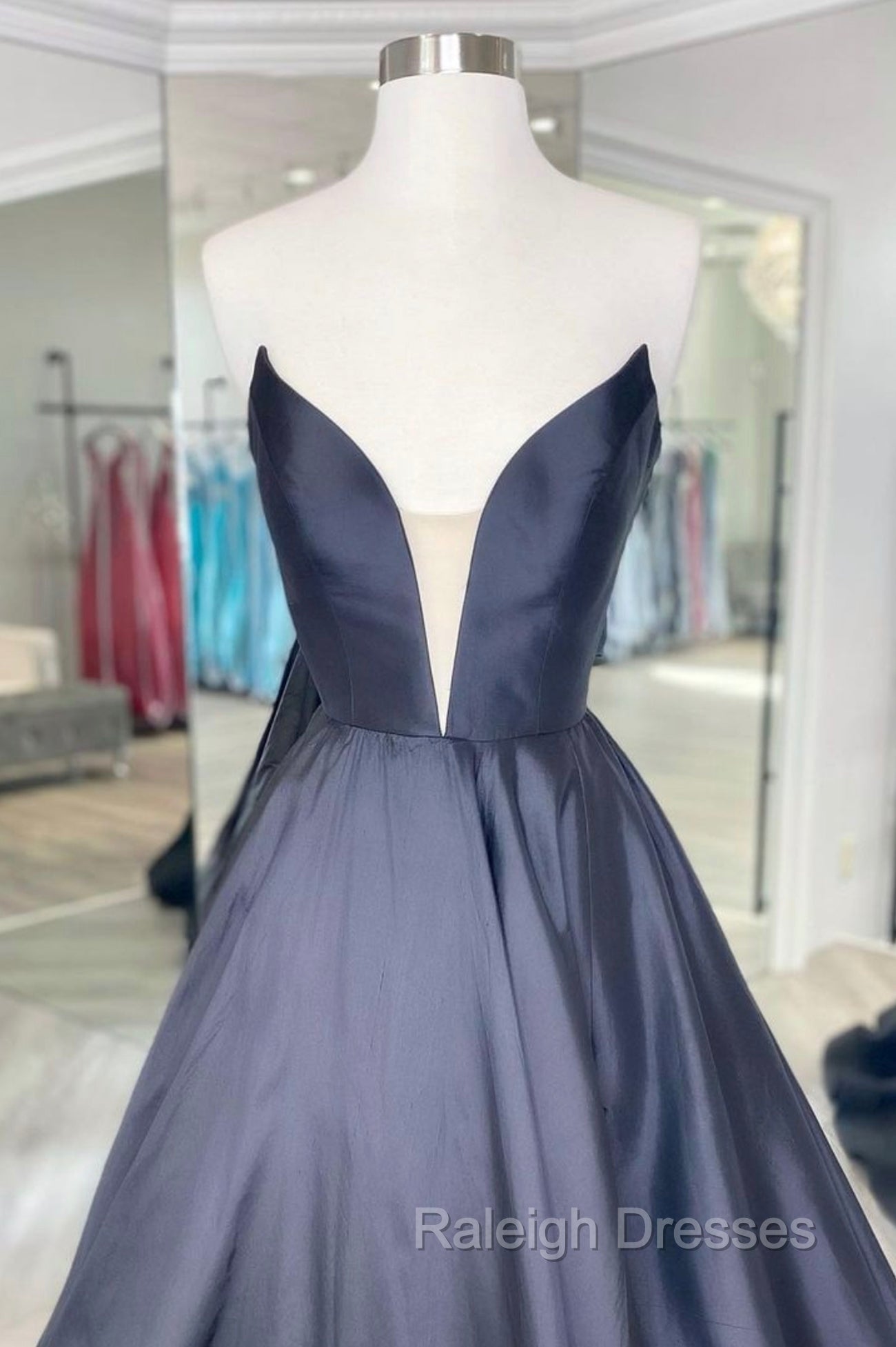 Black Strapless Satin Long Prom Dress, Black A Line Prom Dress