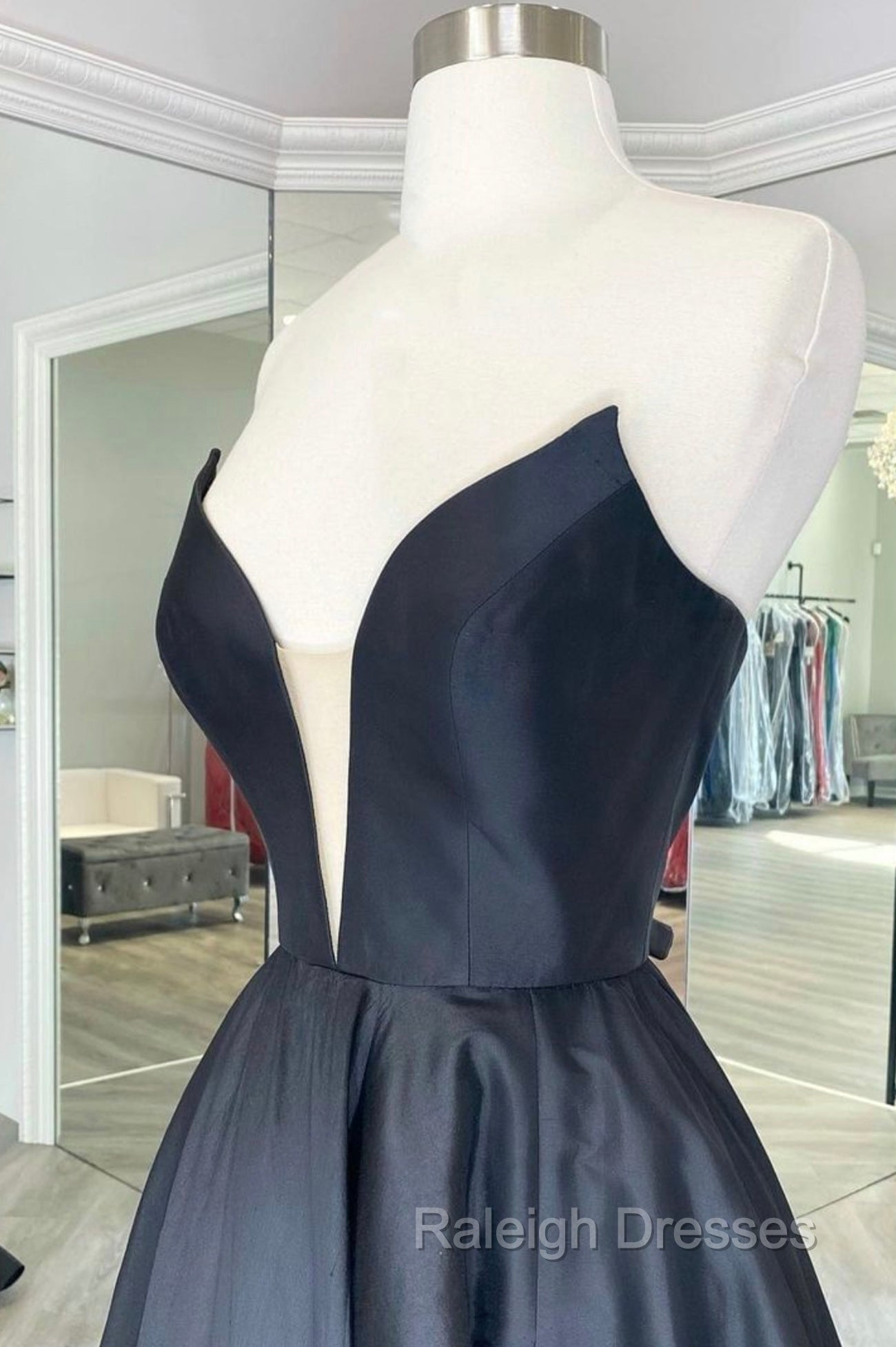 Black Strapless Satin Long Prom Dress, Black A-Line Evening Dress
