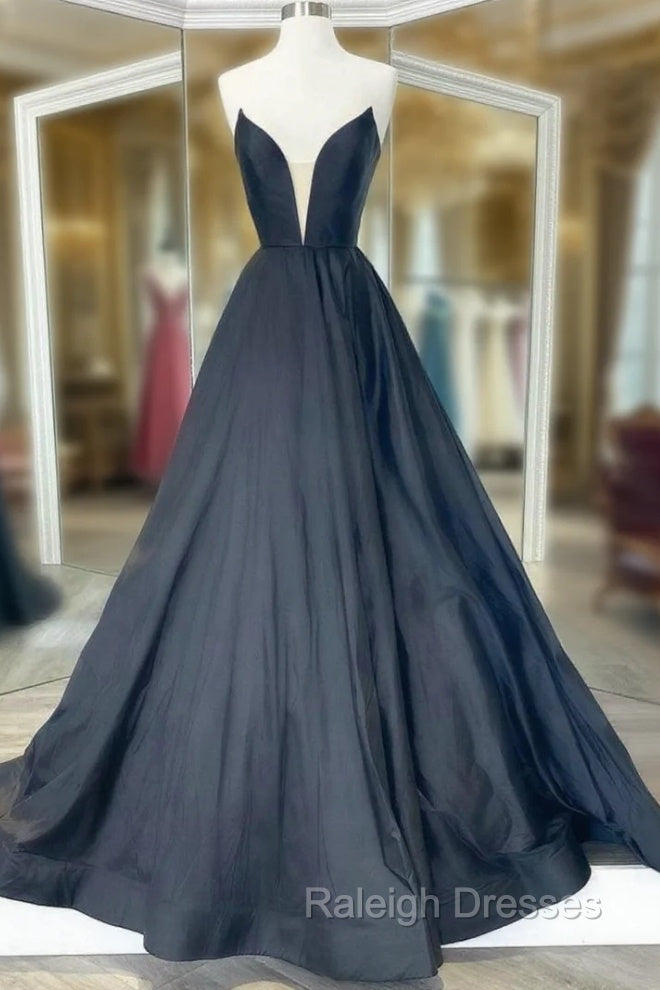 Black Strapless Satin Long Prom Dress, Black A Line Prom Dress Main image