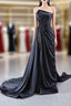 Black Strapless Satin Pleats Beading Prom Dress
