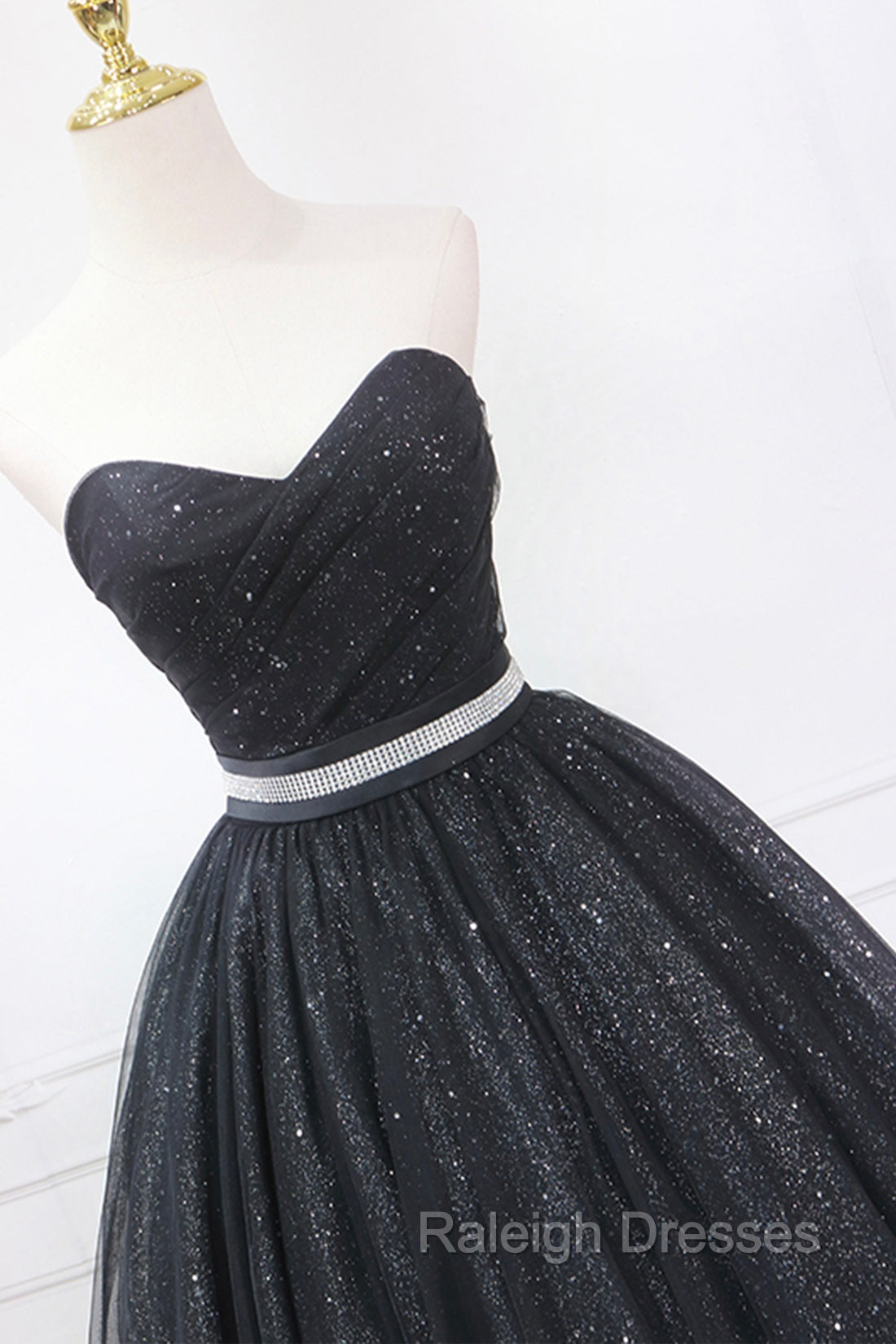 Black Strapless Shiny Tulle Tea Length Prom Dresses Black A Line Homecoming Dresses