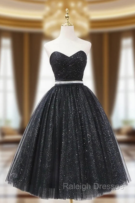 Black Strapless Shiny Tulle Tea Length Prom Dress, Black A-Line Homecoming Dress Main image