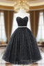 Black Strapless Shiny Tulle Tea Length Prom Dress, Black A-Line Homecoming Dress