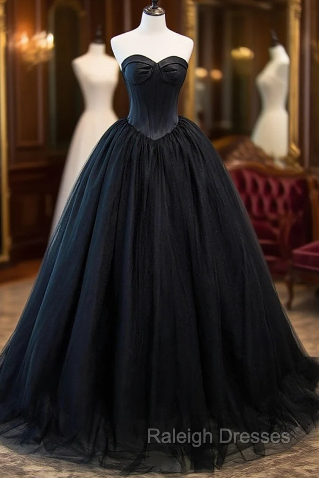 Black Strapless Tulle Long A-Line Prom Dress, Black Formal Evening Gown