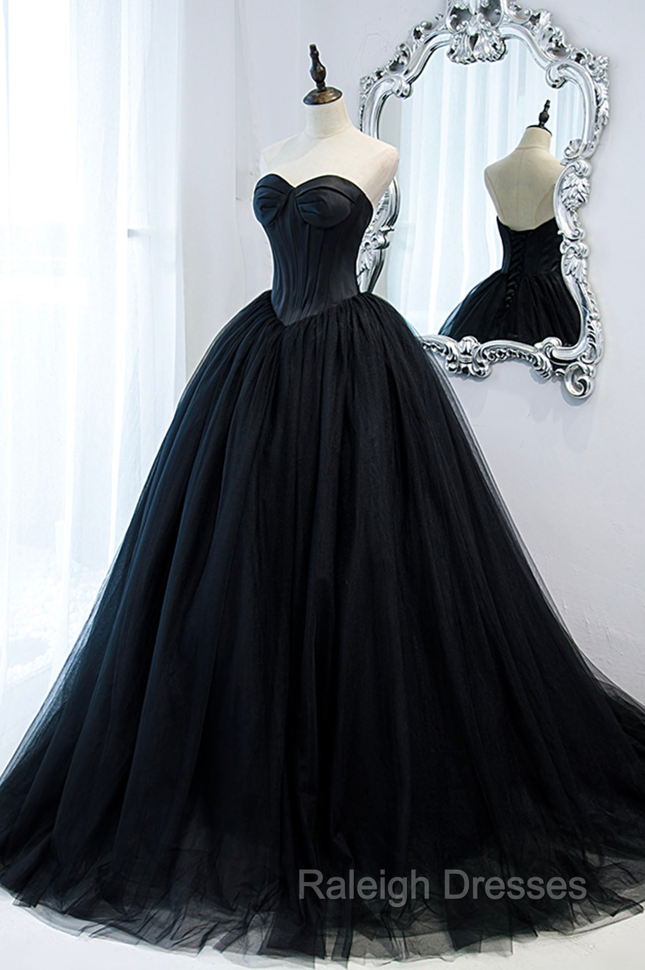Black Strapless Tulle Long A-Line Prom Dress, Black Formal Evening Gown Main image