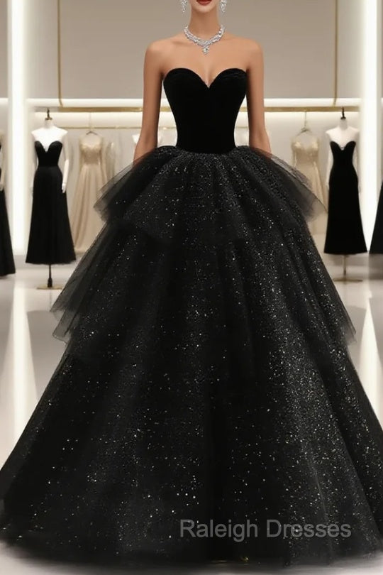 Black Strapless Layered Velvet Tulle Long Prom Dress Evening Dress
