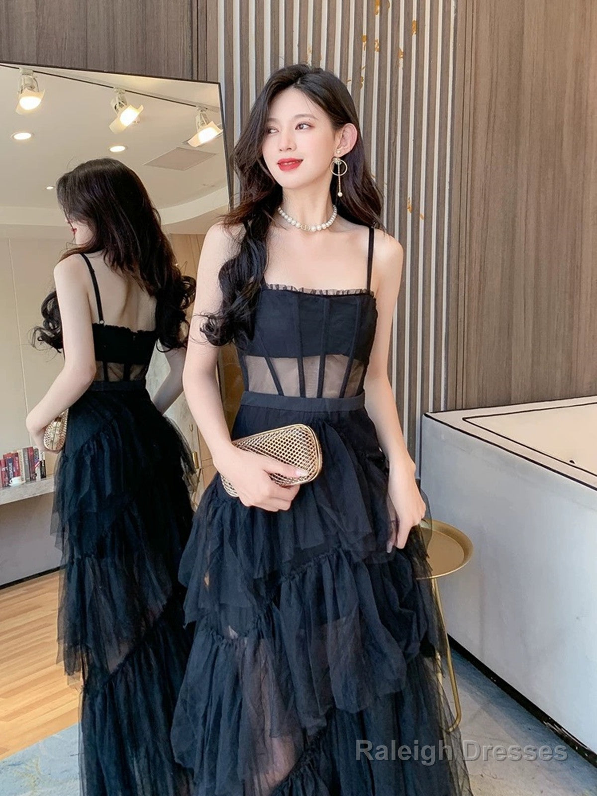 Black Straps Layers Straps Tulle Long Party Dress, A-Line Black Tulle Prom Dress Secondary image