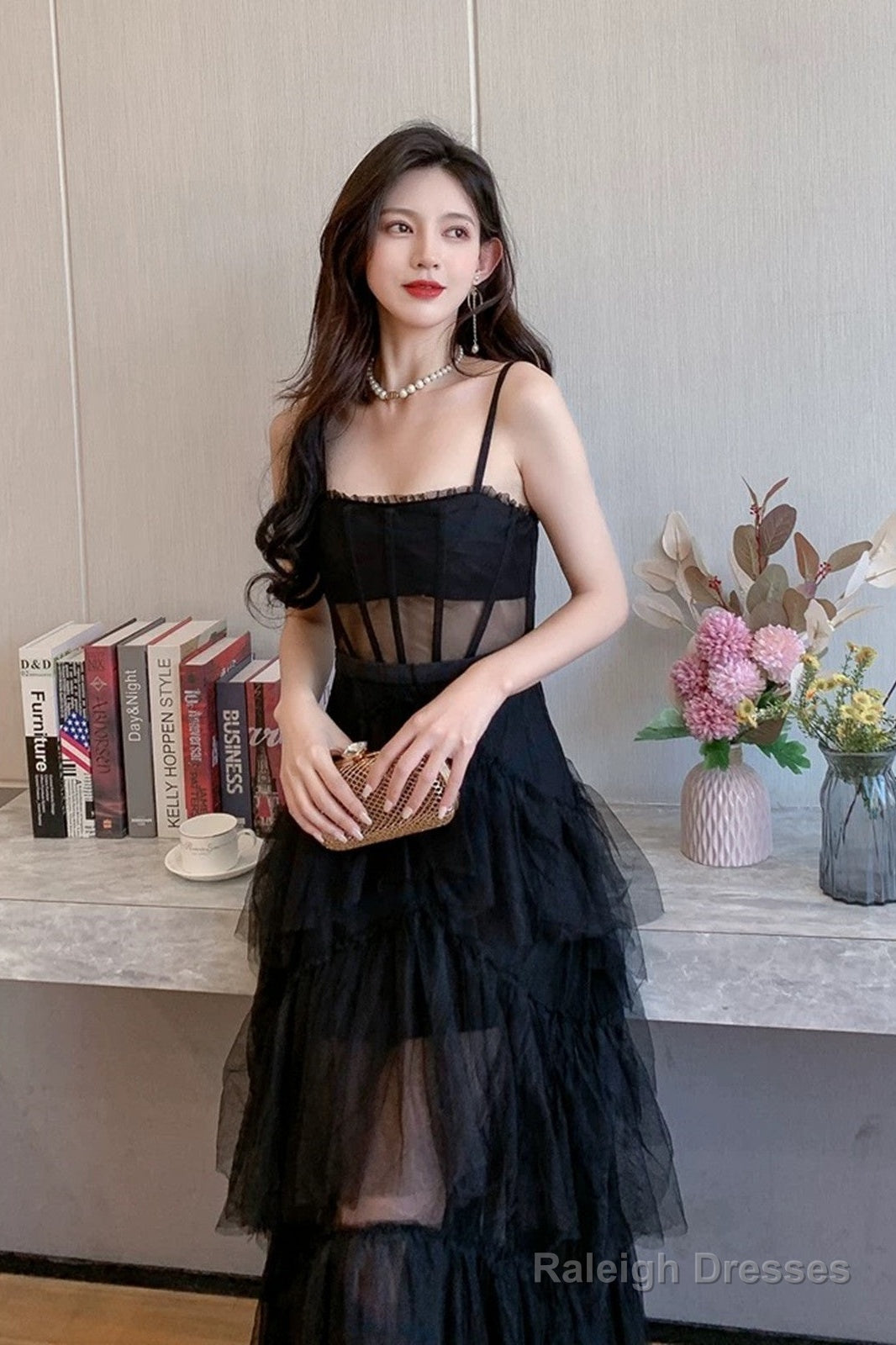 Black Straps Layers Straps Tulle Long Party Dress, A-Line Black Tulle Prom Dress
