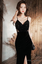 Black Straps Mermaid Velvet Long Prom Dresses With Leg Slit Black Long Prom Dresses