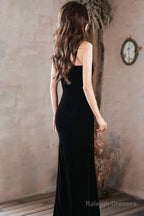 Black Straps Mermaid Velvet Long Prom Dresses With Leg Slit Black Long Prom Dresses