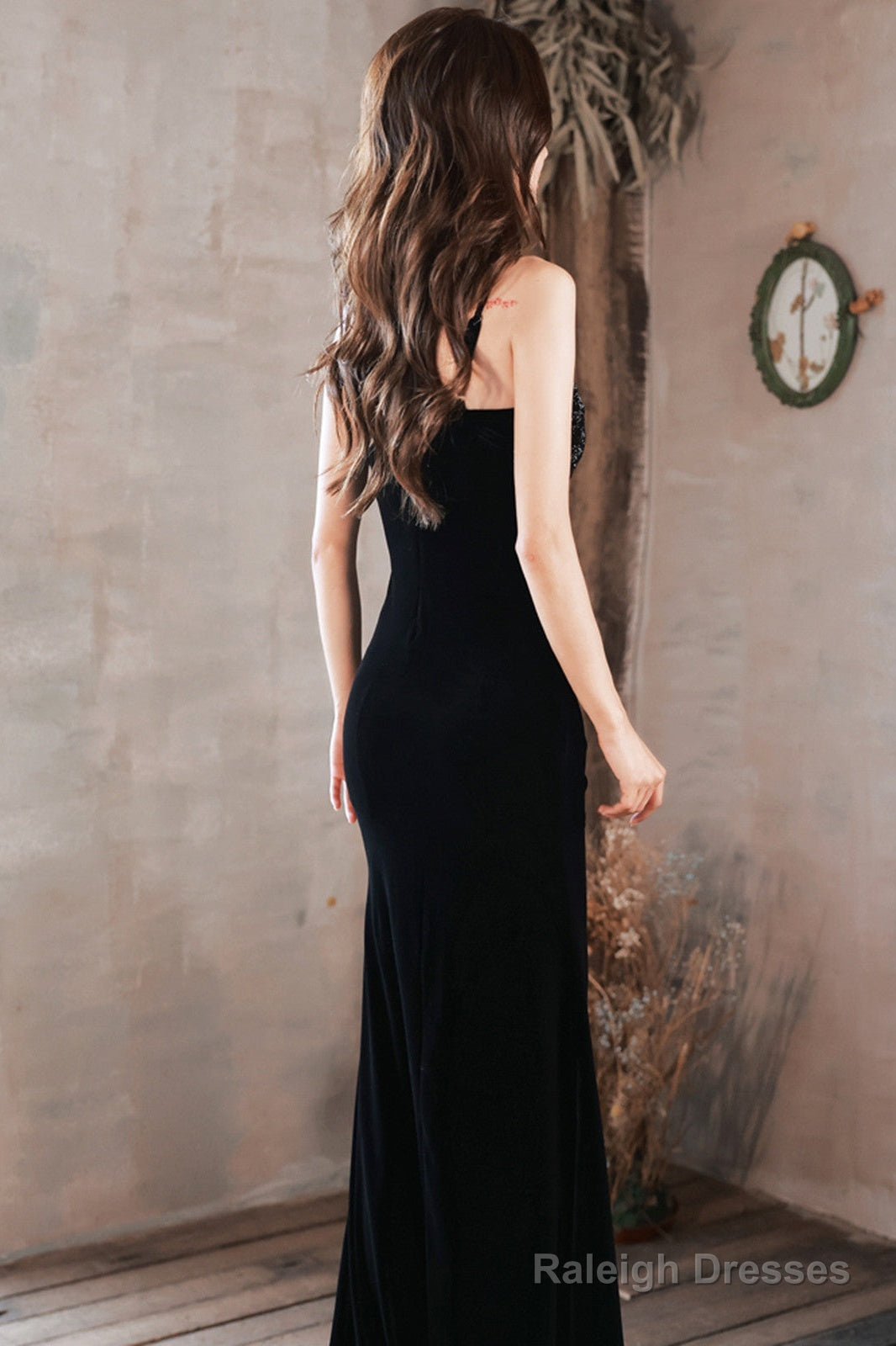 Black Straps Mermaid Velvet Long Prom Dresses With Leg Slit Black Long Prom Dresses